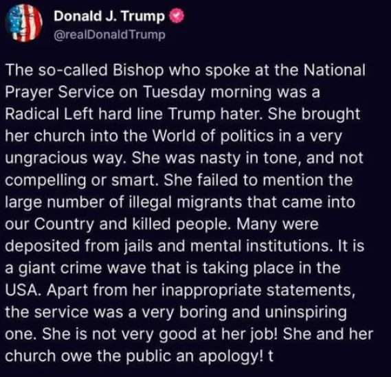 A screenshot of a tweet from Donald J. Trump's verified Twitter account, featuring a long, critical text post about a bishop…