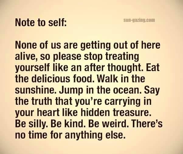 A plain beige background displays a 'Note to self:' message in black text, urging the reader to prioritize self-care and joy…