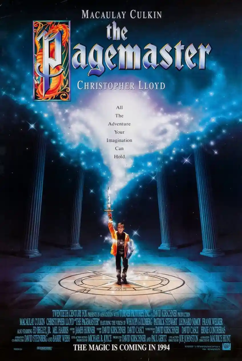 A movie poster for 'The Pagemaster' (1994) featuring Macaulay Culkin holding a glowing sword aloft in a magical, starry…