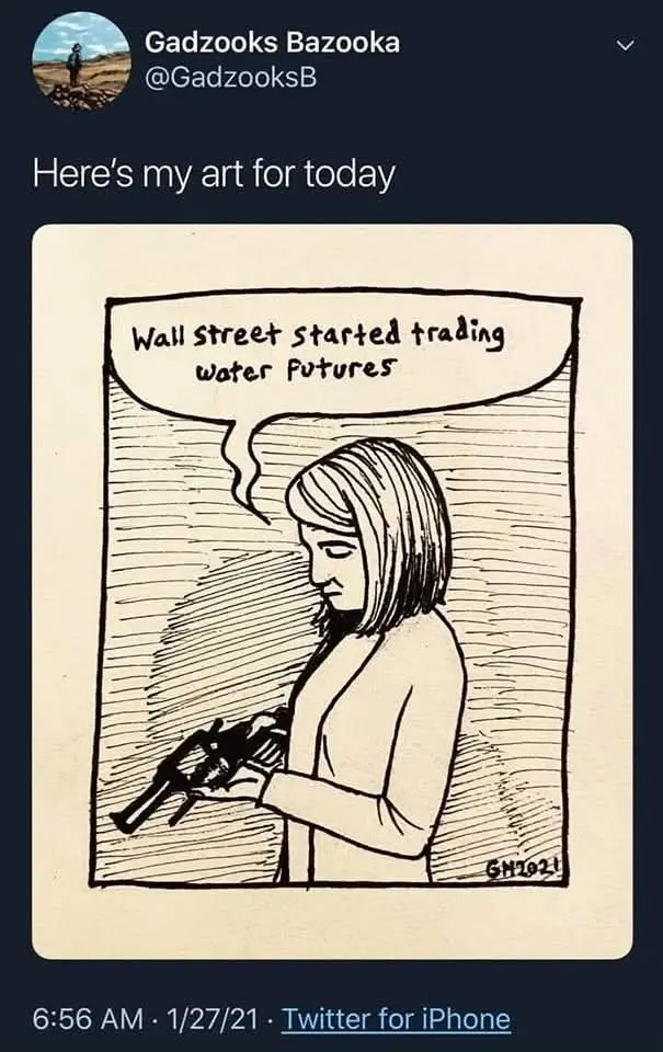 A black-and-white sketch shows a woman holding a revolver, looking down at it. A speech bubble above her head reads 'Wall…