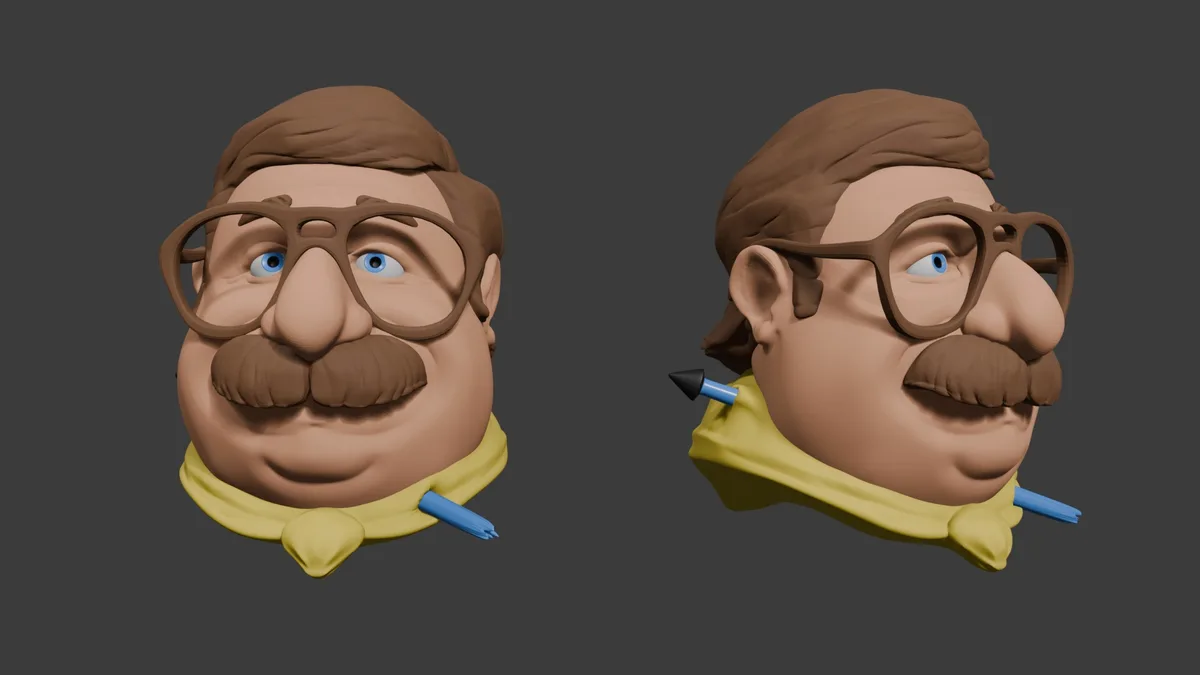 Two 3D clay renderings of a cartoonish man with glasses and a mustache, side-by-side. The left shows him with a normal…