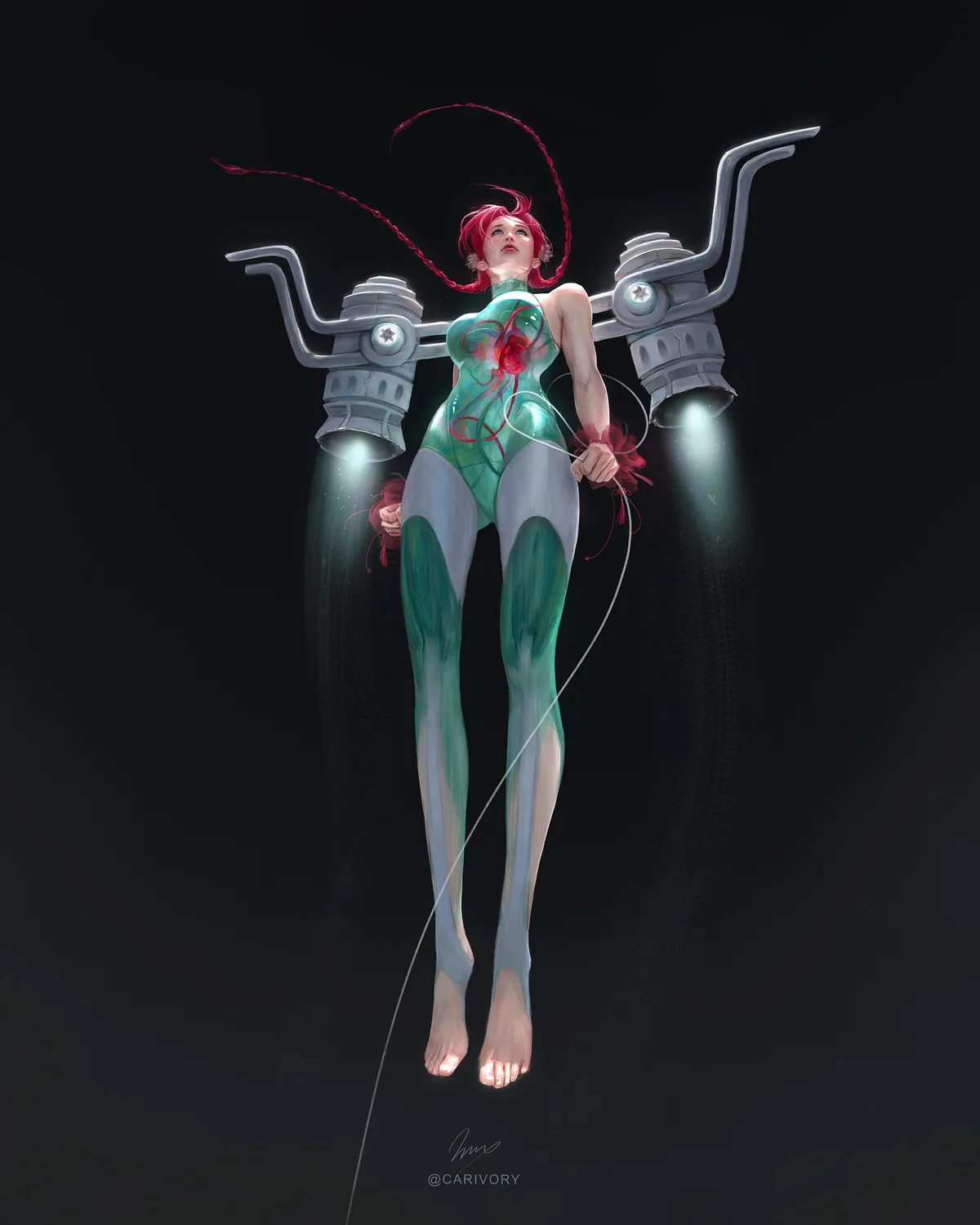 A digitally rendered female figure with red hair and a translucent green bodysuit floats against a black background…
