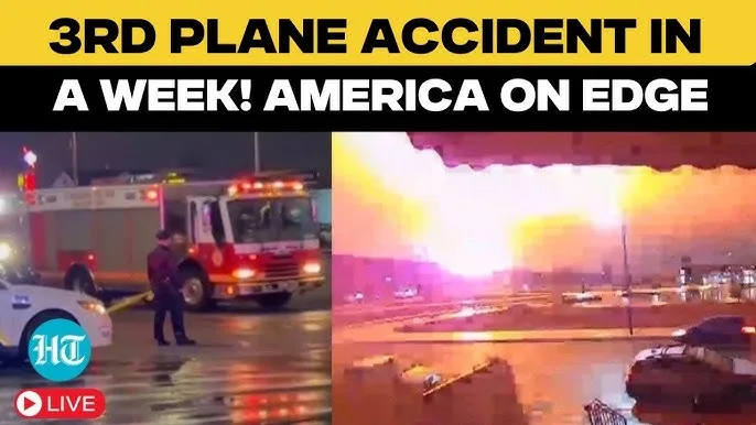 The image is a split-screen news broadcast. The left side shows a firefighter standing near a fire truck at night, with a…