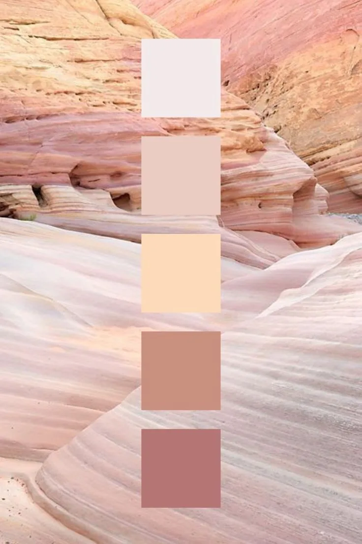 A vertical strip of five color swatches—white, beige, peach, terracotta, and mauve—is overlaid on a photo of layered, wavy…