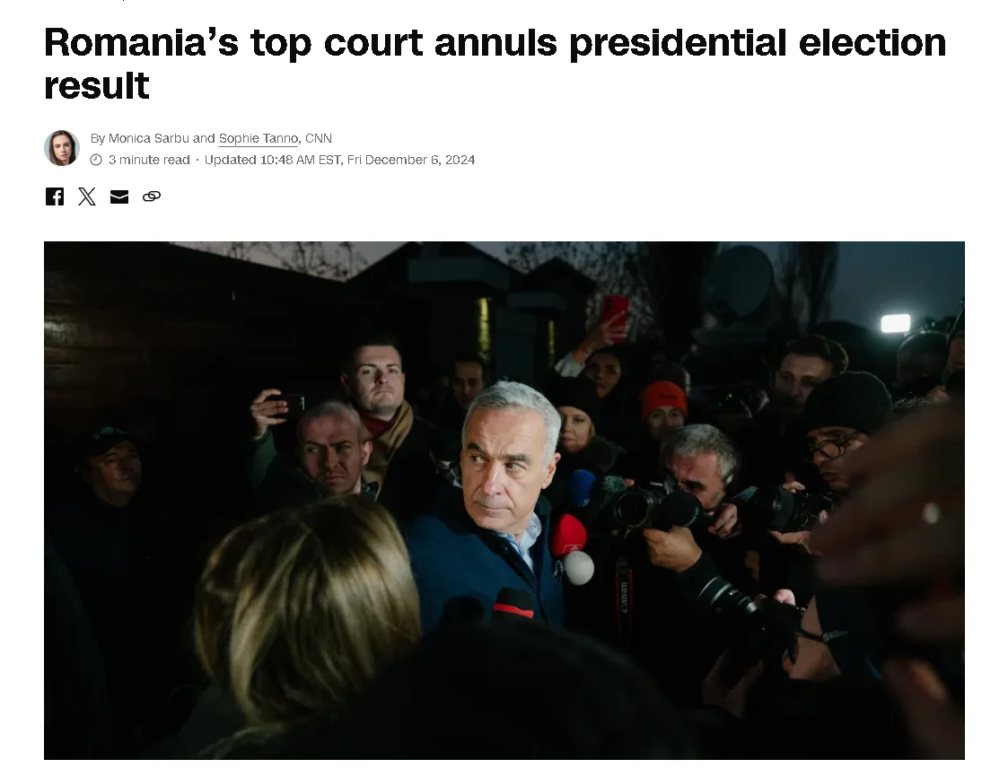 A screenshot of a CNN news article with the headline 'Romania's top court annuls presidential election result' above a photo…