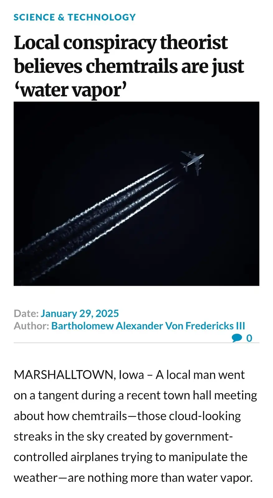 An image mimicking a news article shows a plane leaving contrails against a dark sky. The headline reads 'Local conspiracy…