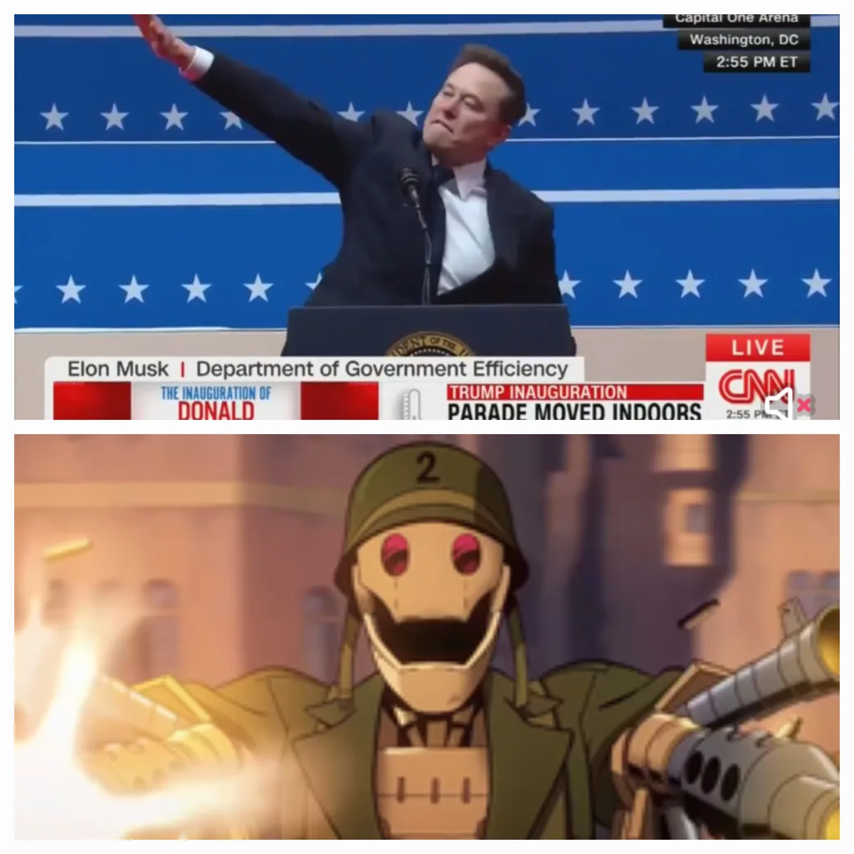 The top panel shows Elon Musk at a podium with a blue starry backdrop, appearing to give a speech with his arm raised…