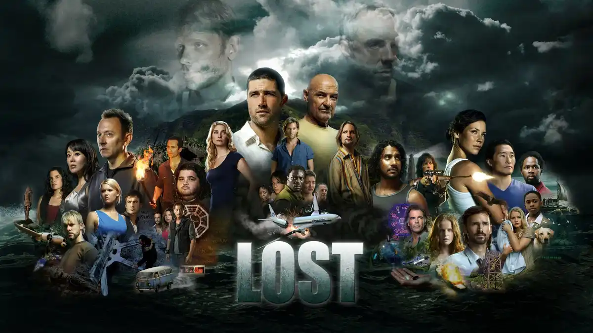 A promotional poster for the TV show 'Lost' featuring a collage of its main characters against a stormy backdrop with a…