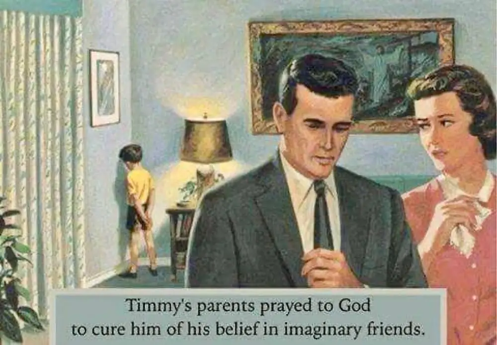 A vintage-style illustration shows a worried-looking man and woman in a living room, presumably Timmy's parents, looking…