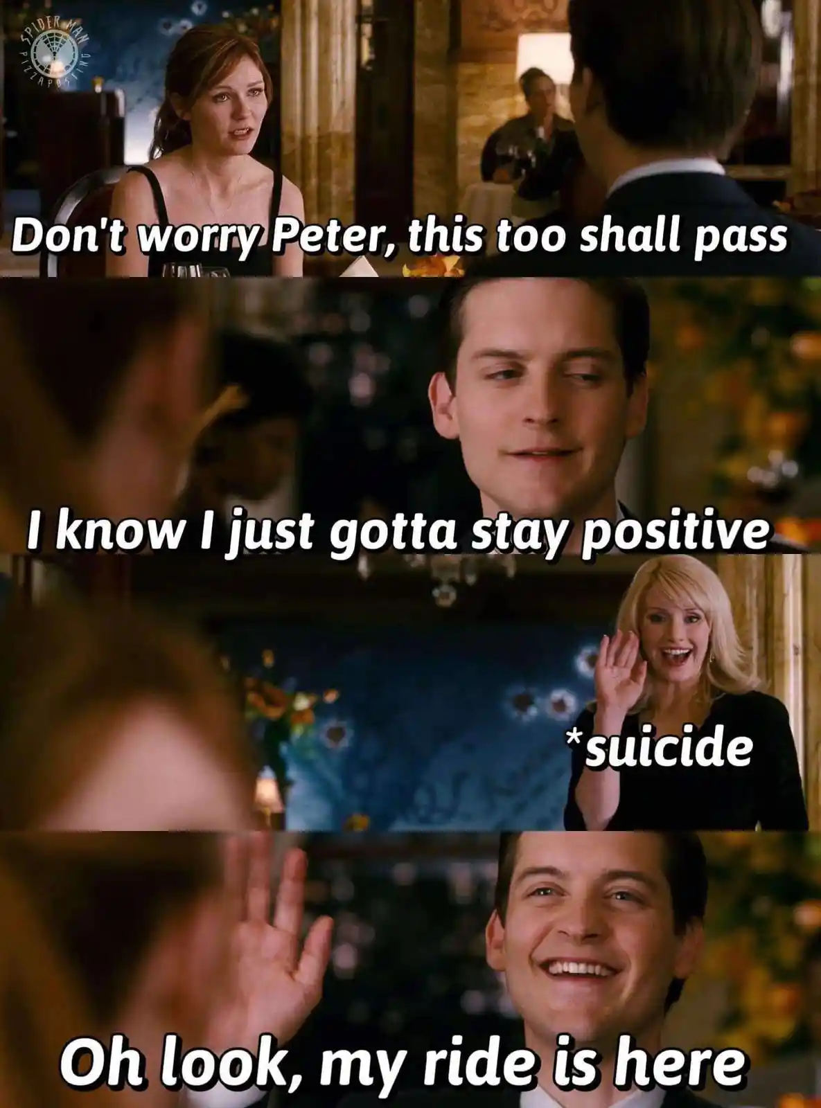 A four-panel meme from 'Spider-Man 3' showing Mary Jane comforting Peter Parker, who then smiles as Gwen Stacy appears…