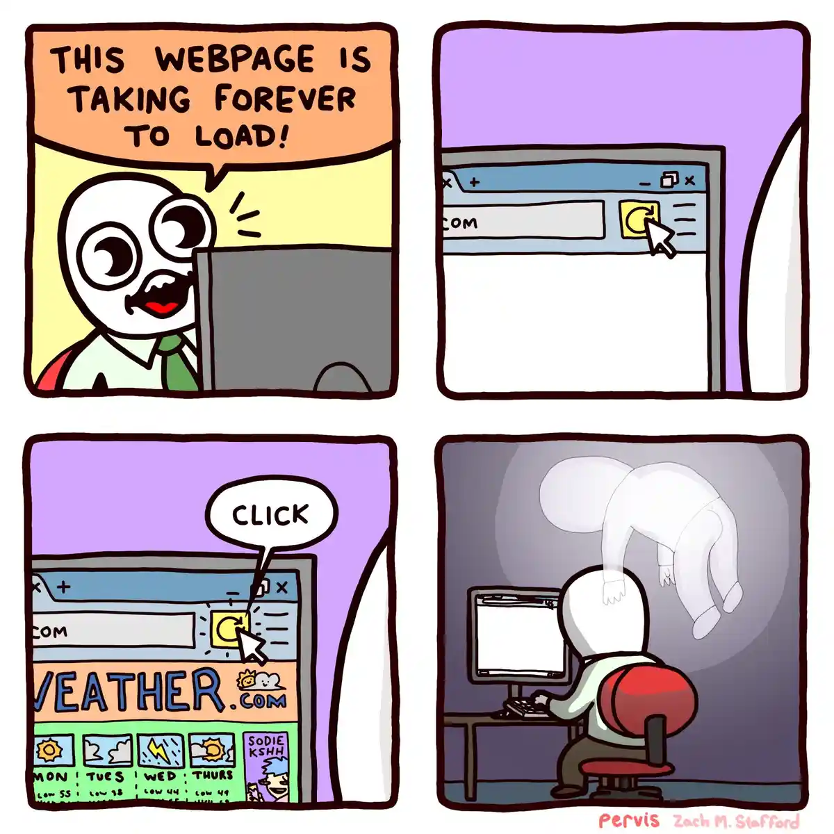 A four-panel comic shows a cartoon character frustrated by a slow-loading webpage, clicking the refresh button, which then…