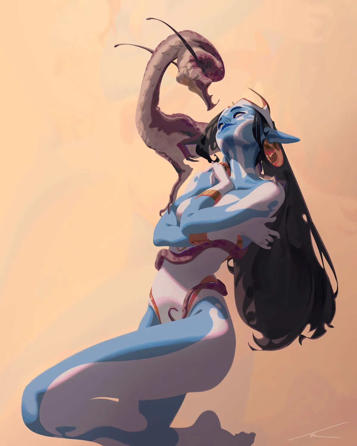 A blue-skinned, horned humanoid woman with long black hair is depicted in a relaxed, seated pose, smiling as a large, coiled…