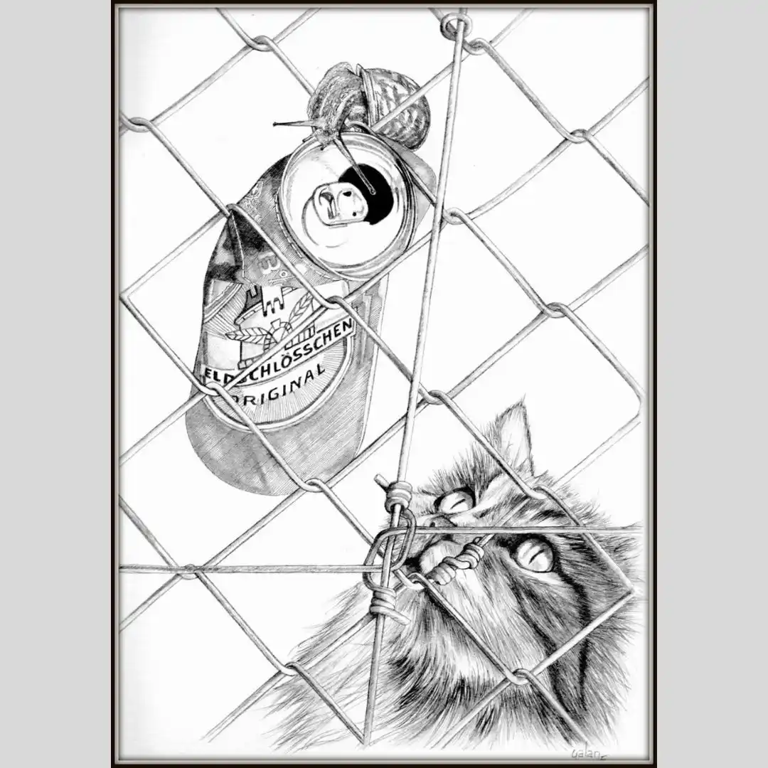 A black-and-white pencil drawing shows a snail on top of an open beer can labeled 'WELD SCHLÖSSCHEN ORIGINAL', both trapped…
