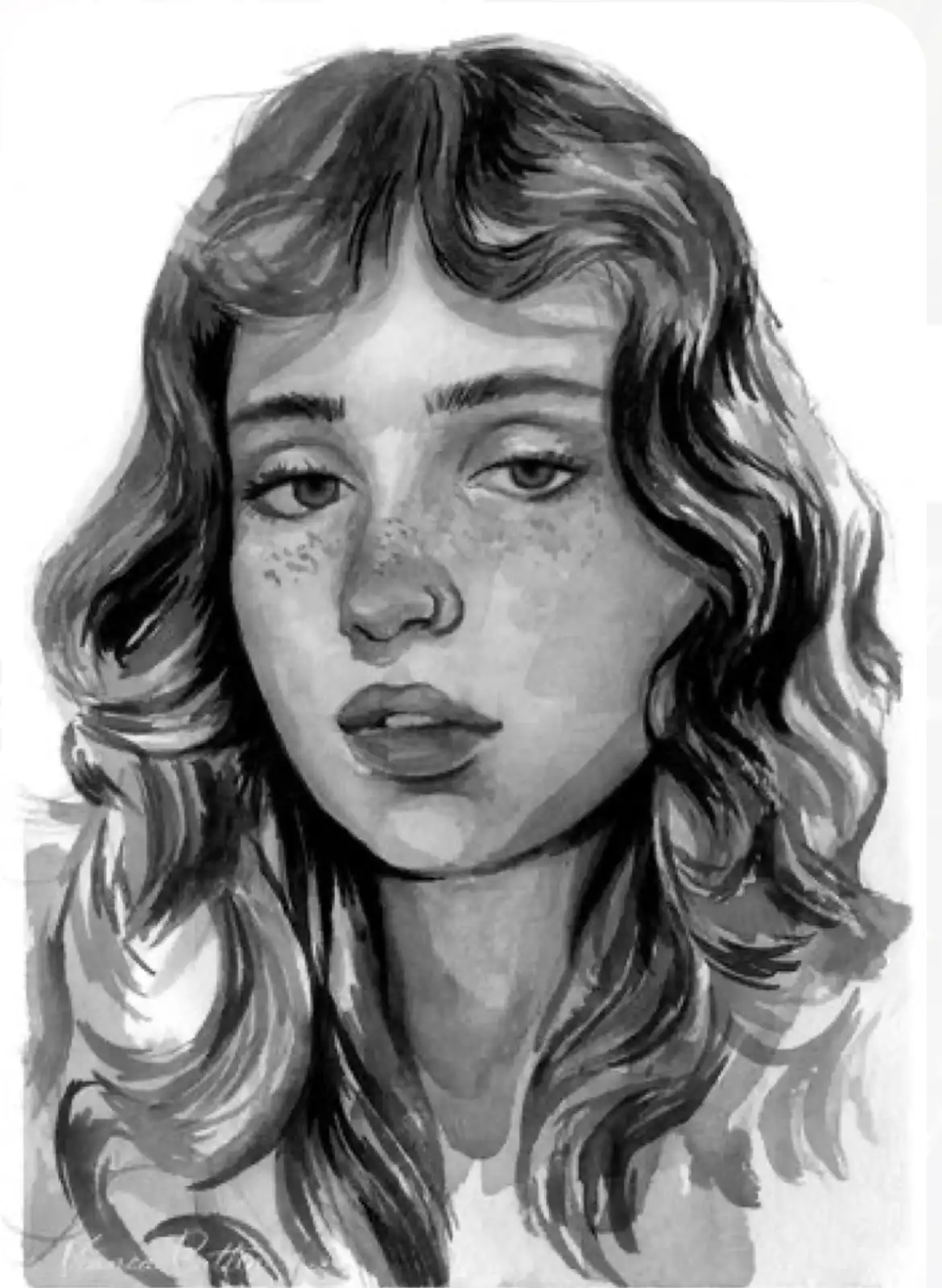 A grayscale pencil sketch of a young woman with wavy hair and freckles, looking directly at the viewer with a neutral…