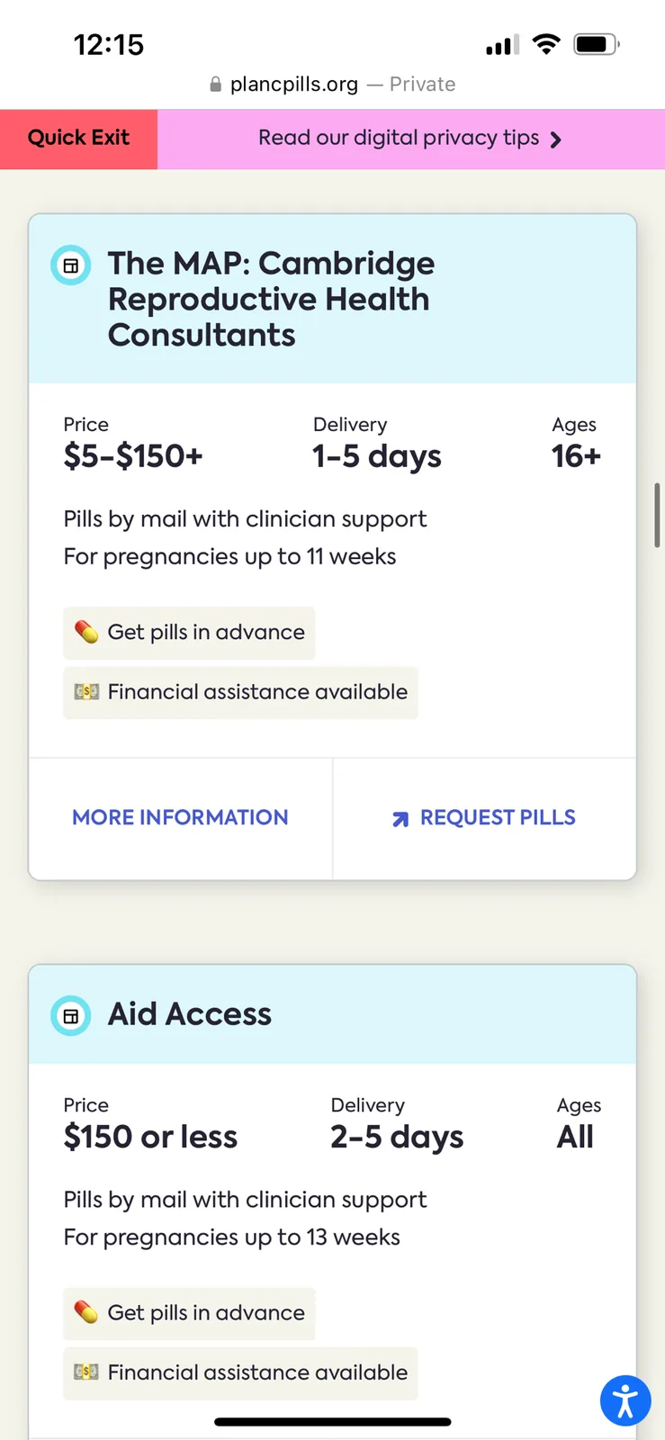A screenshot of a mobile website showing two abortion pill service options: 'The MAP: Cambridge Reproductive Health…