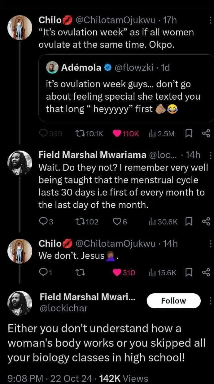 A screenshot of a Twitter thread shows a user named Chilo joking that 'It's ovulation week' as if all women ovulate…