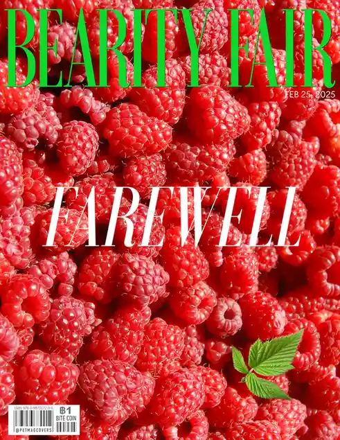The image is a parody magazine cover featuring a close-up of bright red raspberries as the background. Large green text at…