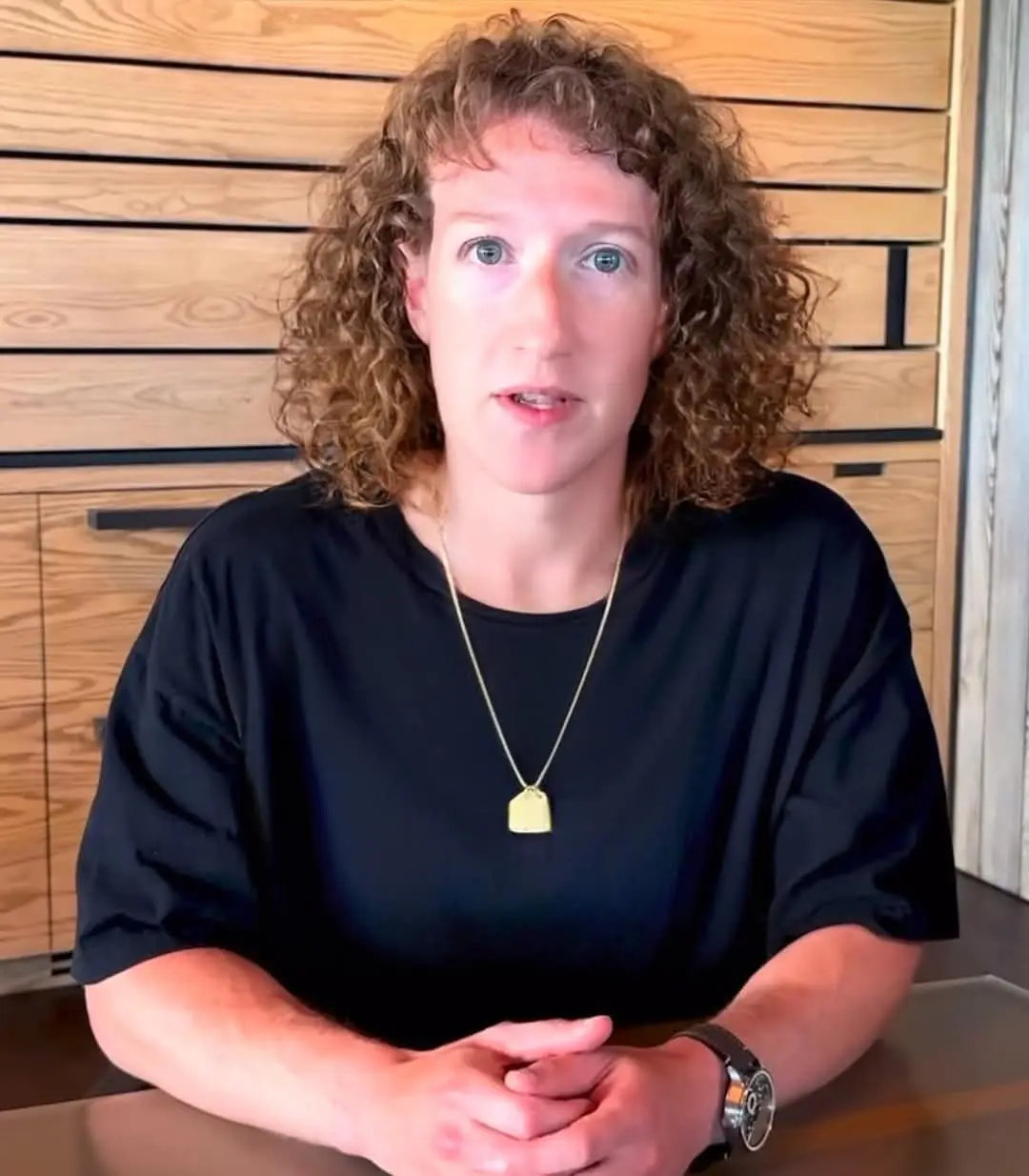 a woman with curly brown hair and blue eyes, wearing a black t-shirt and a gold pendant necklace, sits at a table with her…
