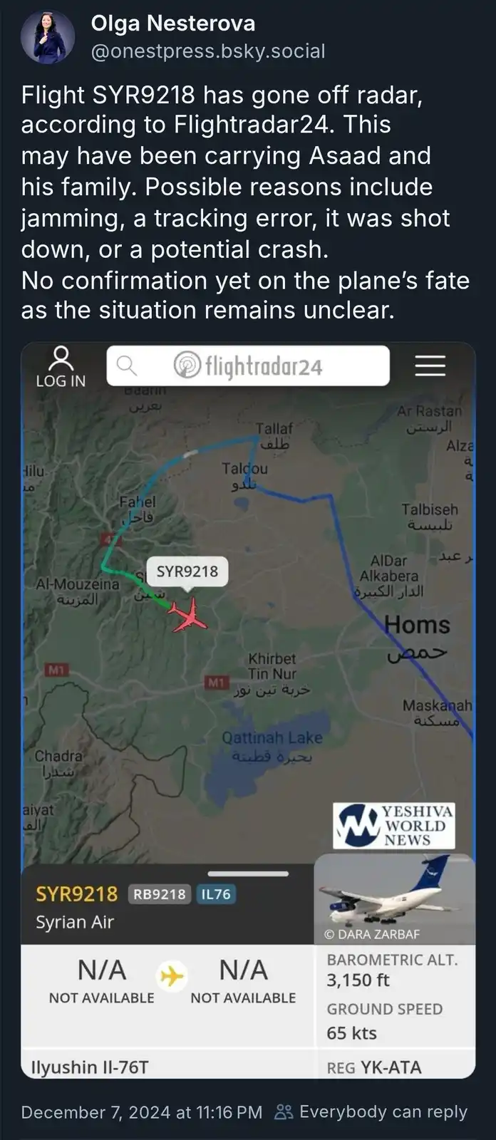 A screenshot of a Flightradar24 app showing flight SYR9218, an Ilyushin Il-76T from Syrian Air, with its last known position…