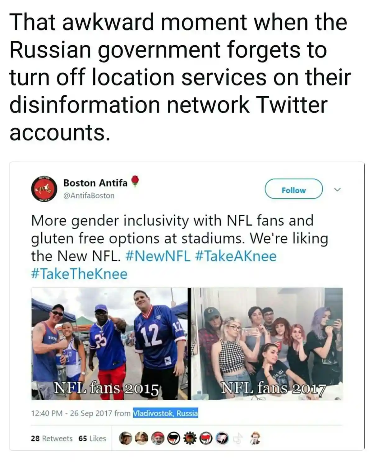 A screenshot of a Twitter post from the account 'Boston Antifa' (@AntifaBoston) showing a tweet with two photos labeled 'NFL…