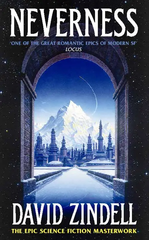 The image is a book cover for 'Neverness' by David Zindell, featuring a grand stone archway framing a futuristic city with…