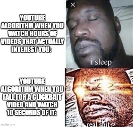 The image is split into two panels. The top panel shows a man sleeping with the text 'youtube algorithm when you watch hours…