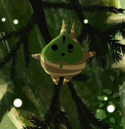 A six-panel comic strip shows a cartoonish, striped, leaf-shaped creature hanging from tree branches in a forest. In the…