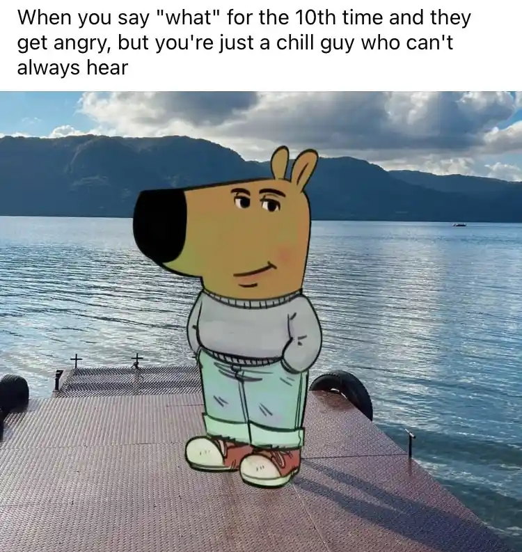 A cartoon dog character, resembling Beavis from Beavis and Butt-Head, stands calmly on a metal dock overlooking a lake with…