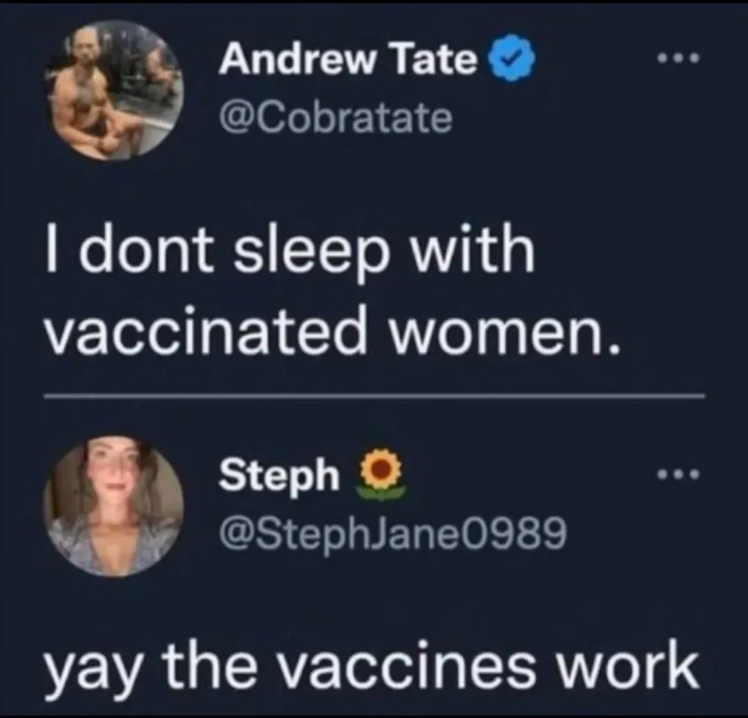 A screenshot of two Twitter replies: the top one from verified user Andrew Tate (@Cobratate) reads 'I dont sleep with…