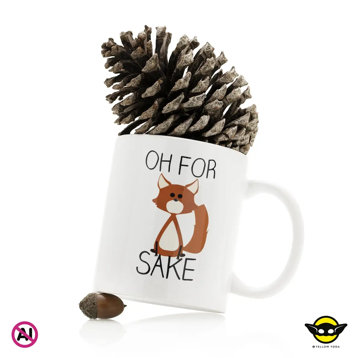 A white ceramic mug with a cartoon fox illustration and the text 'OH FOR SAKE' is tilted, with a large pinecone stuffed into…