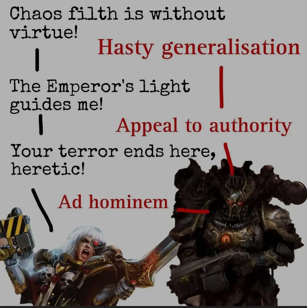 A meme image shows a Space Marine with white hair and a power sword facing a larger, dark-armored Chaos Space Marine…