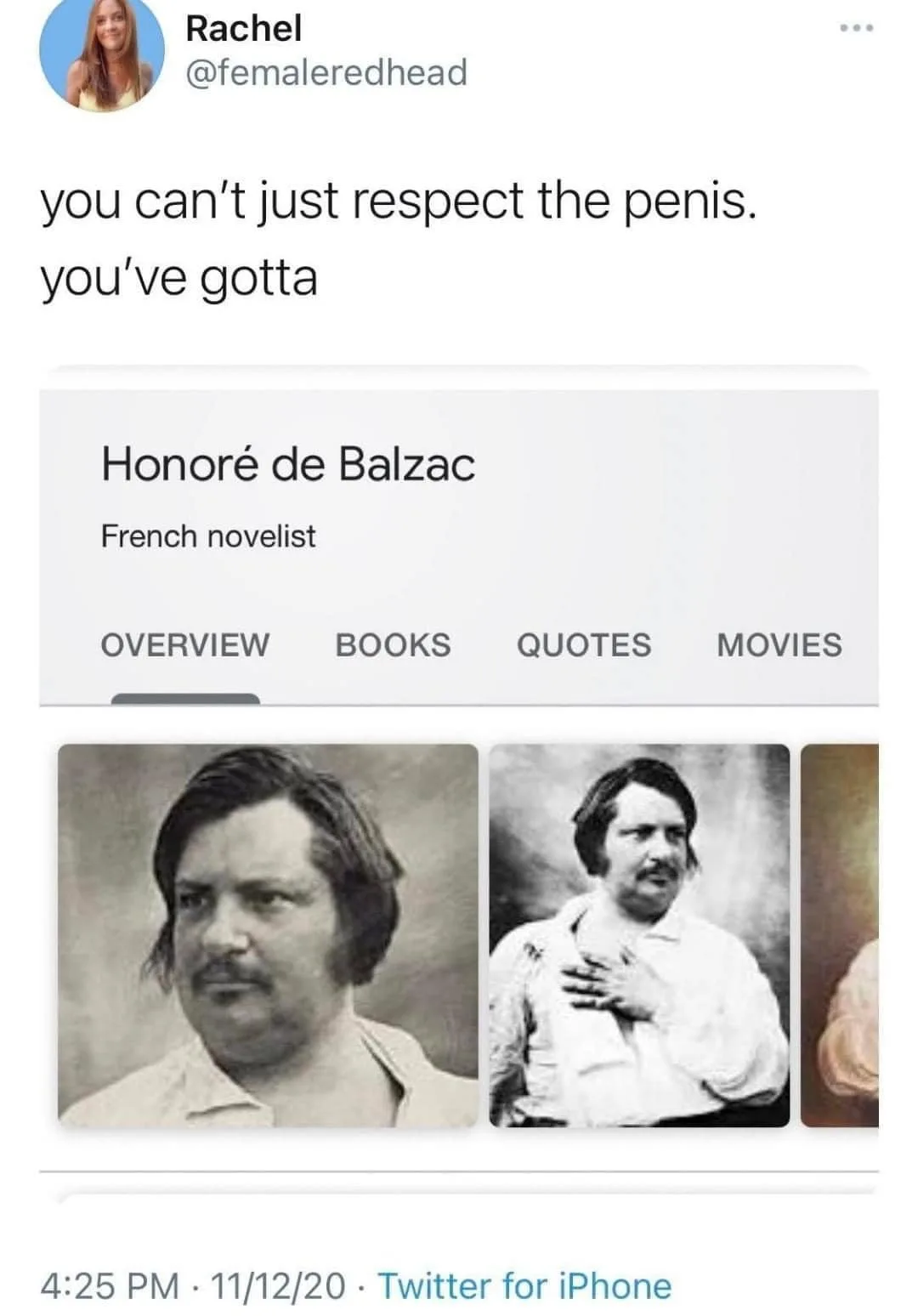 A screenshot of a Twitter post by Rachel (@femaleredhead) shows a search result for 'Honoré de Balzac', labeled as a French…