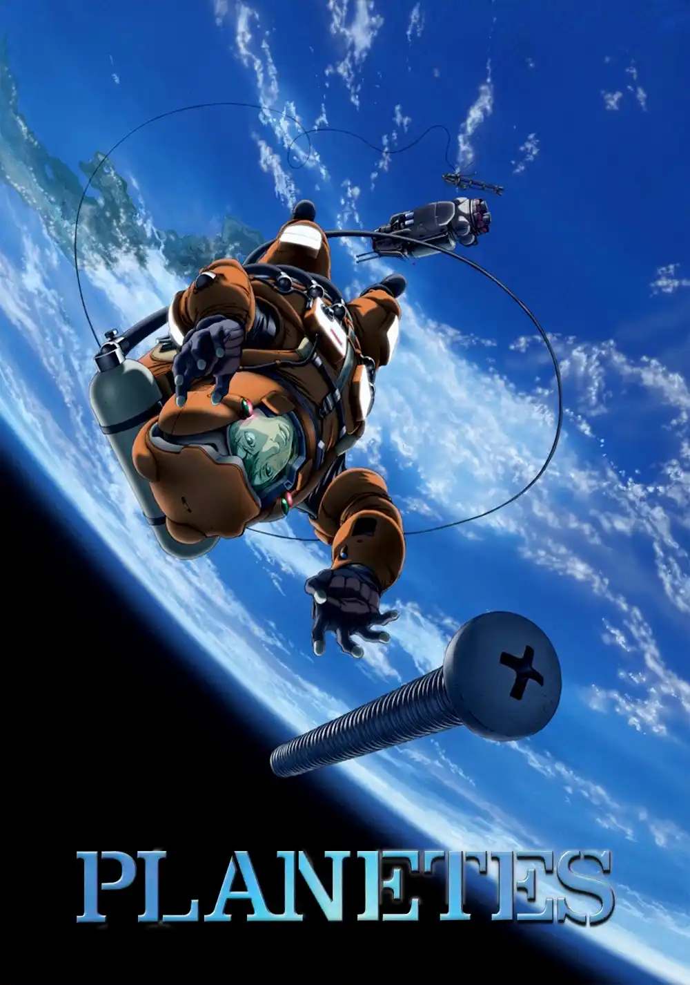 An astronaut in an orange spacesuit floats in space above Earth, tethered by a cable to a small drone, reaching for a giant…