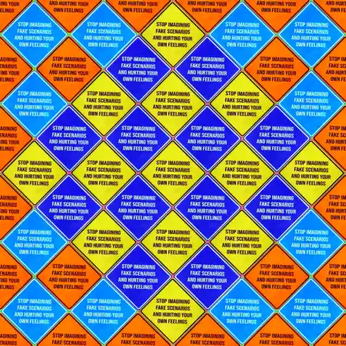 The image displays a repeating pattern of diamond-shaped signs in bright colors like orange, blue, and yellow, each…