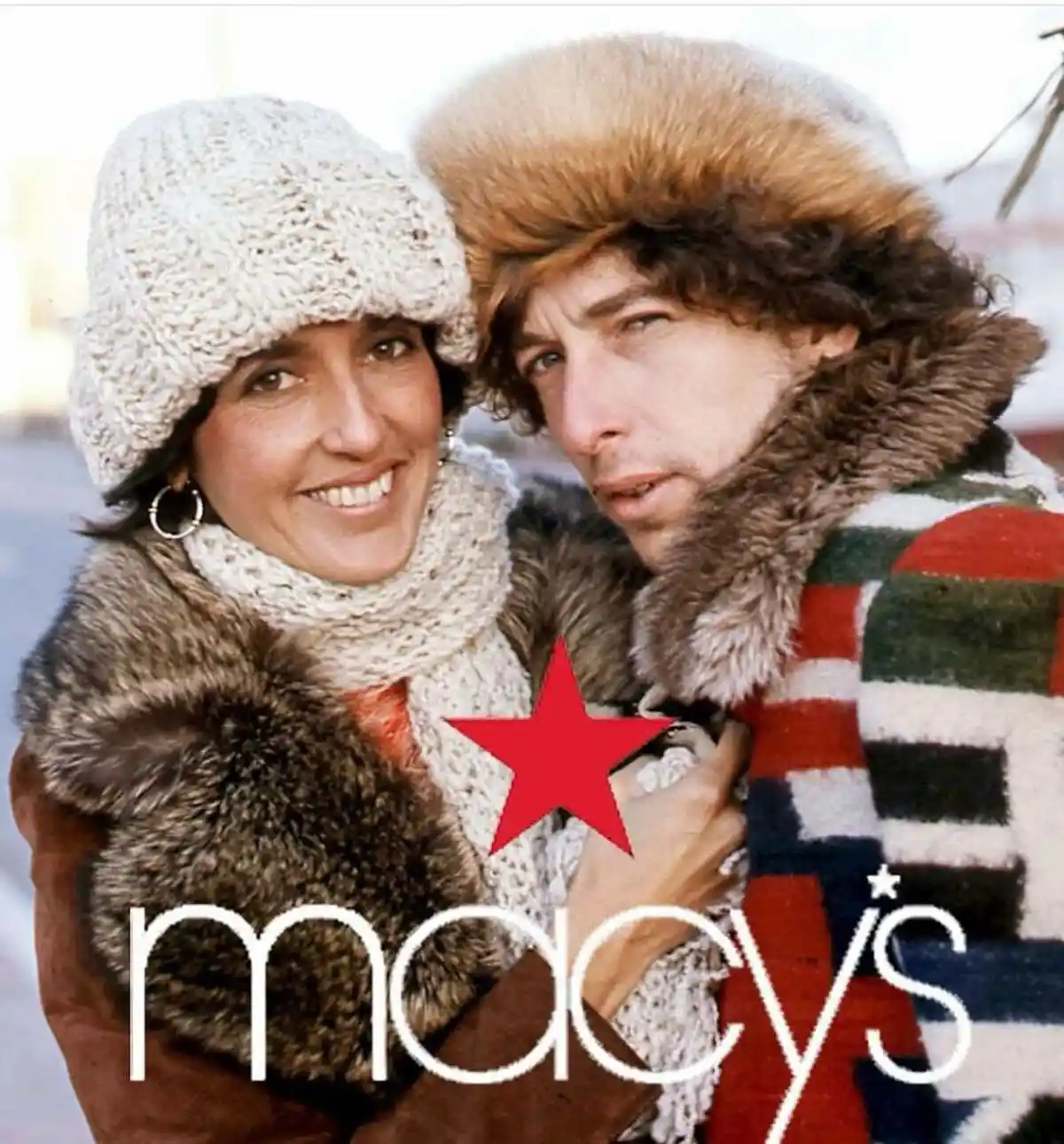 A vintage photo of a smiling woman in a knit hat and fur-trimmed coat and a man in a large fur hat and striped sweater…