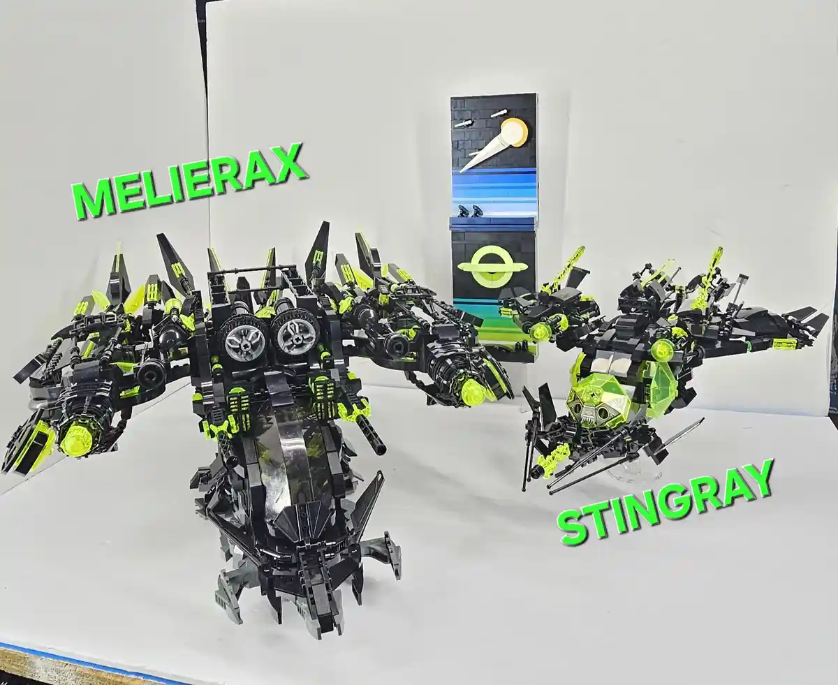 Two large, intricate black and neon green LEGO-style mech models are displayed on a white surface. The larger, central model…