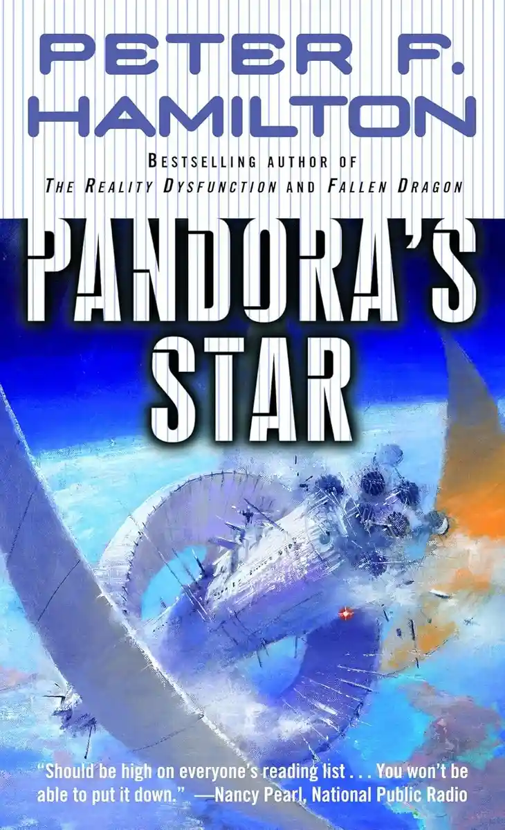 The image is the cover of the science fiction novel 'Pandora's Star' by Peter F. Hamilton. It features a large, damaged…