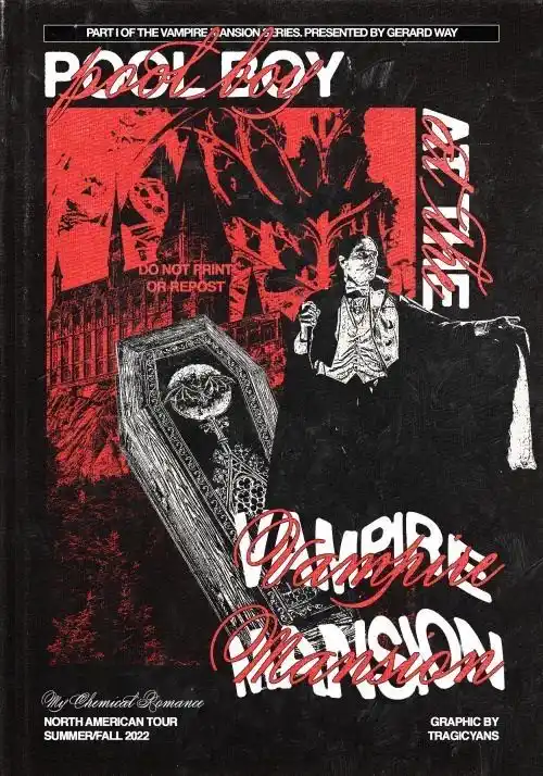 A stylized black-and-red graphic resembling a tour poster for My Chemical Romance's 'Vampire Mansion' North American Tour…