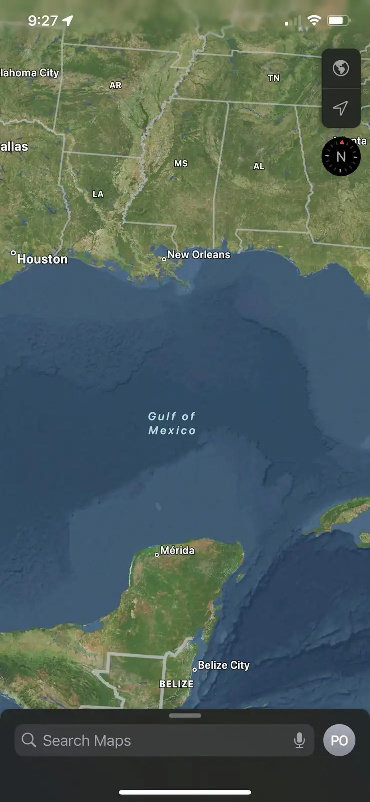 A screenshot of a smartphone map app showing the Gulf of Mexico, with cities like Houston, New Orleans, Mérida, and Belize…