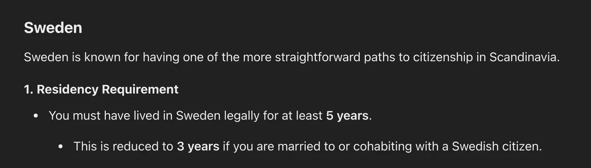 A screenshot of a text document with a dark background and white text, detailing Sweden's citizenship residency…