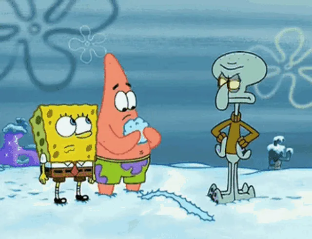 A six-panel sequence from SpongeBob SquarePants shows Squidward standing with arms crossed, looking annoyed as SpongeBob and…