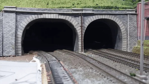 A black and white cat is shown in three panels emerging from a model train tunnel, then stepping onto the tracks. The text…