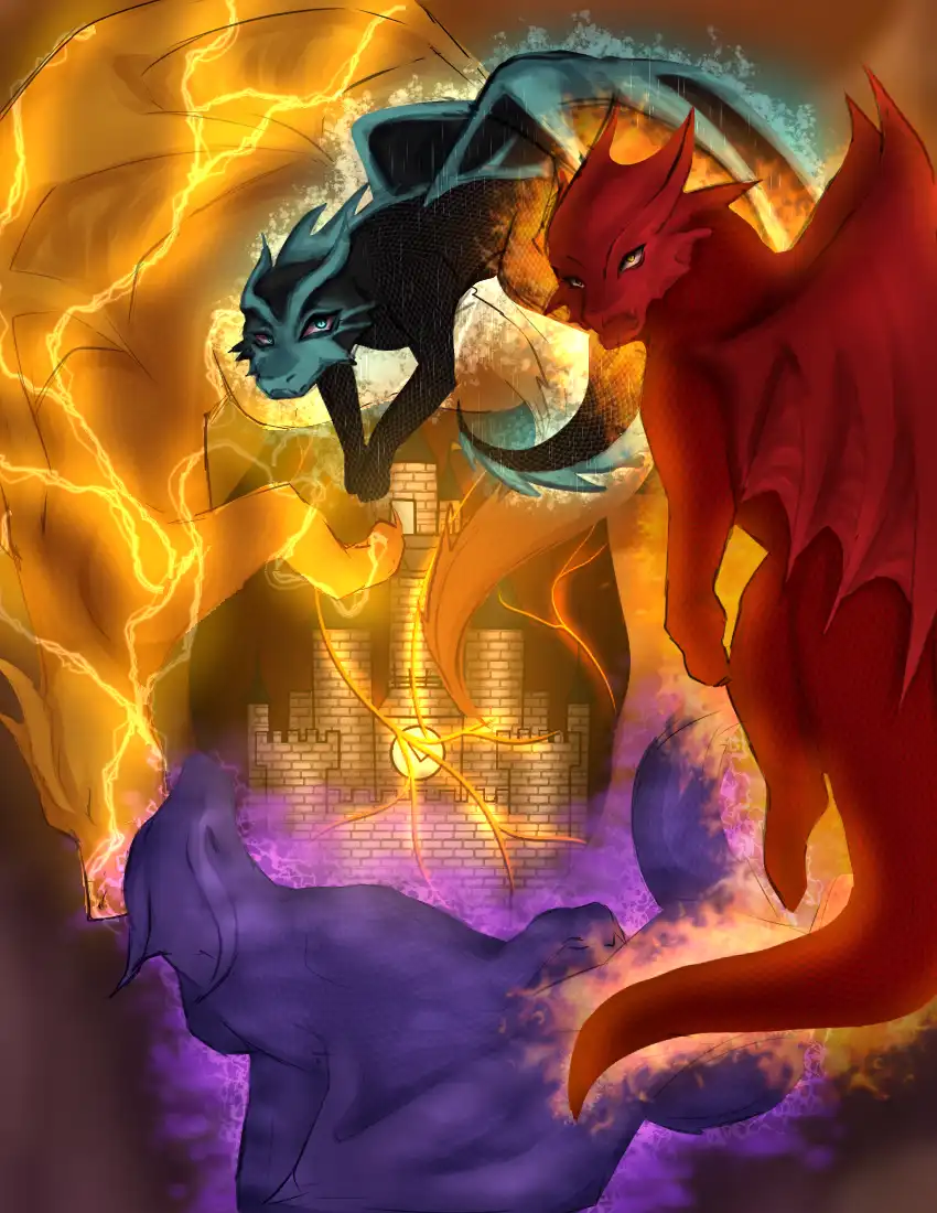 Two dragons, one blue and one red, hover over a sleeping purple dragon whose body is human-like. The blue dragon is…