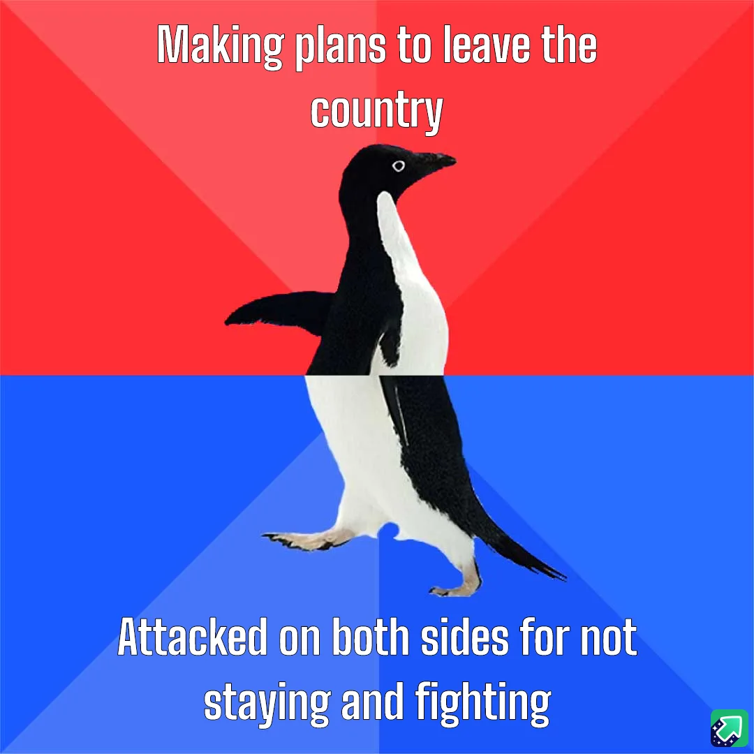 A penguin is split vertically down the middle, with the top half against a red background and the bottom half against a blue…