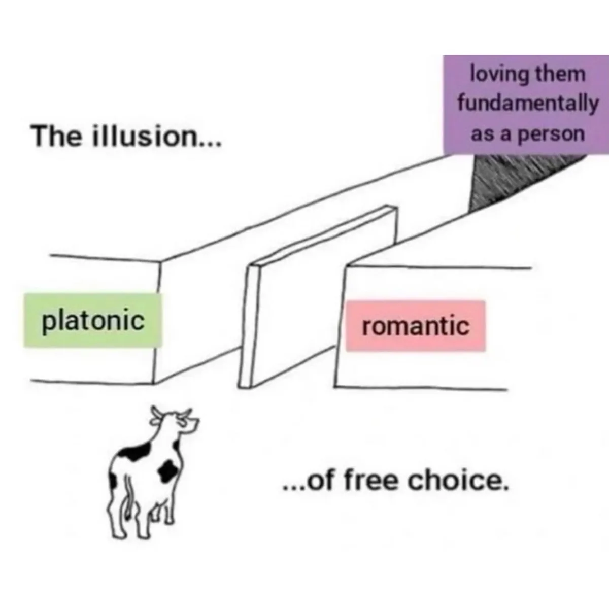 A cartoon cow stands at the start of a path labeled 'The illusion...'. The path splits into two labeled doors: 'platonic'…