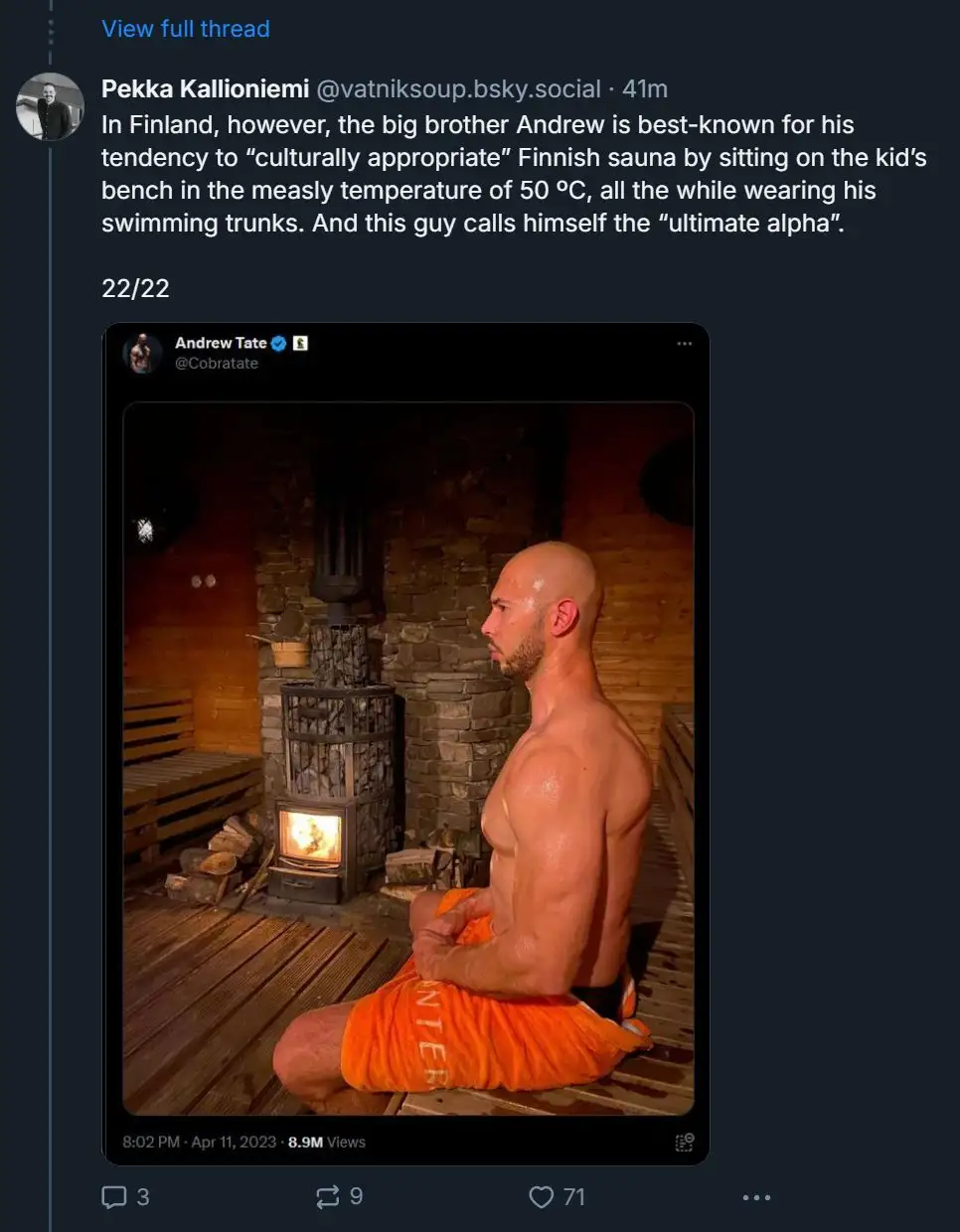 A screenshot of a tweet by Andrew Tate shows him sitting shirtless on a low wooden bench in a Finnish sauna, wearing bright…