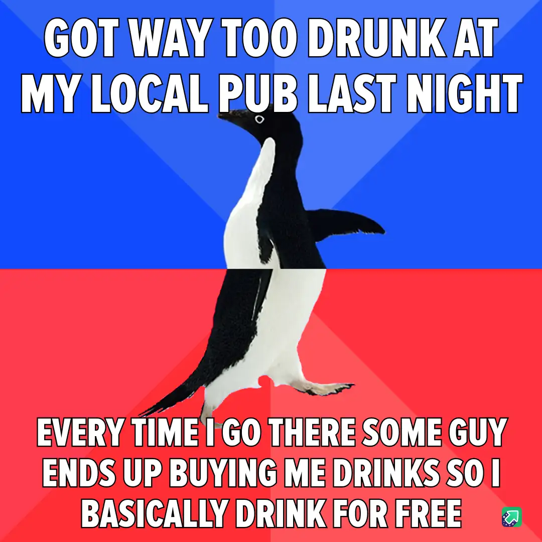 A black-and-white penguin stands centered against a split blue and red background. White bold text at the top reads 'GOT WAY…