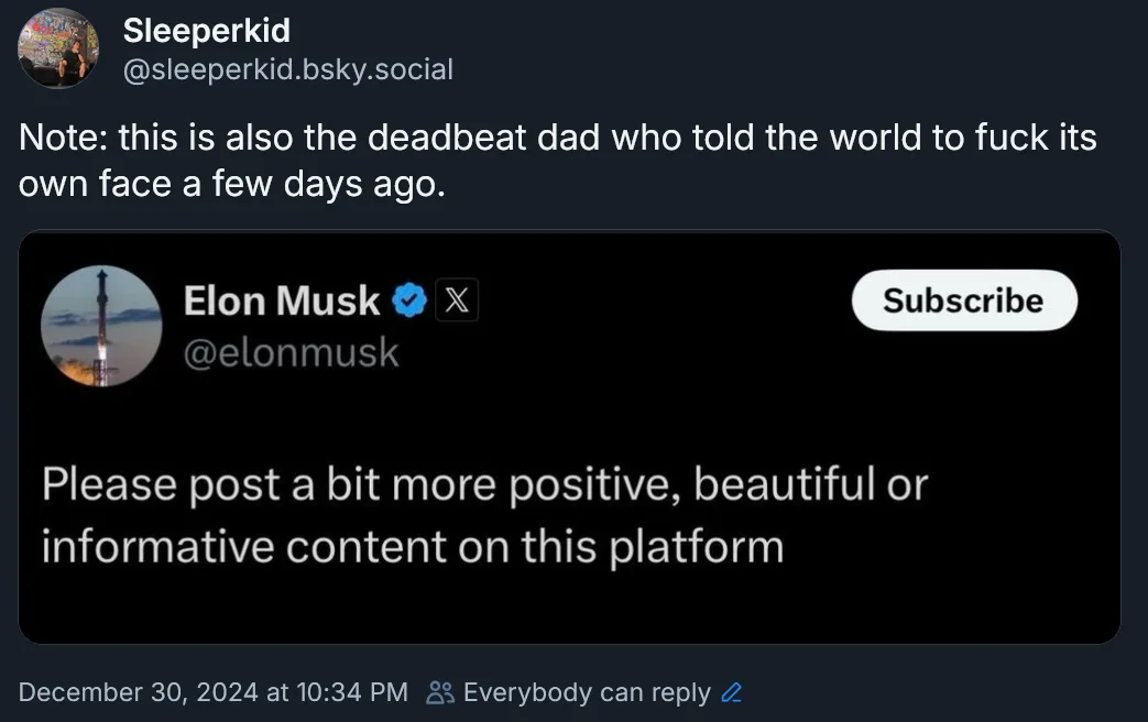 A screenshot of a tweet from Elon Musk's verified X account, which reads 'Please post a bit more positive, beautiful or…