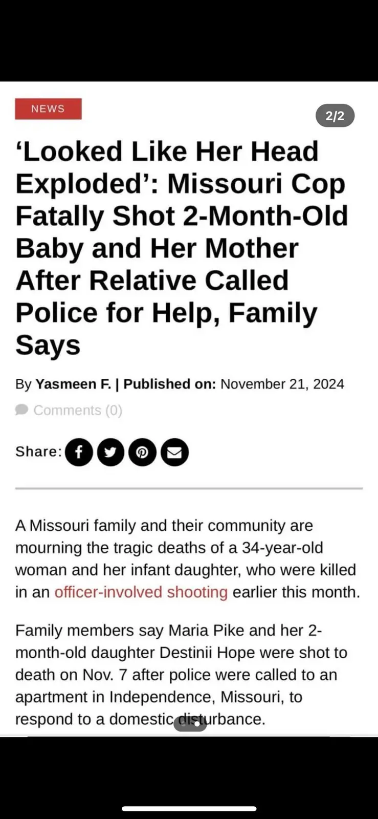 The image displays a screenshot of a news article with a headline that reads 'Looked Like Her Head Exploded': Missouri Cop…