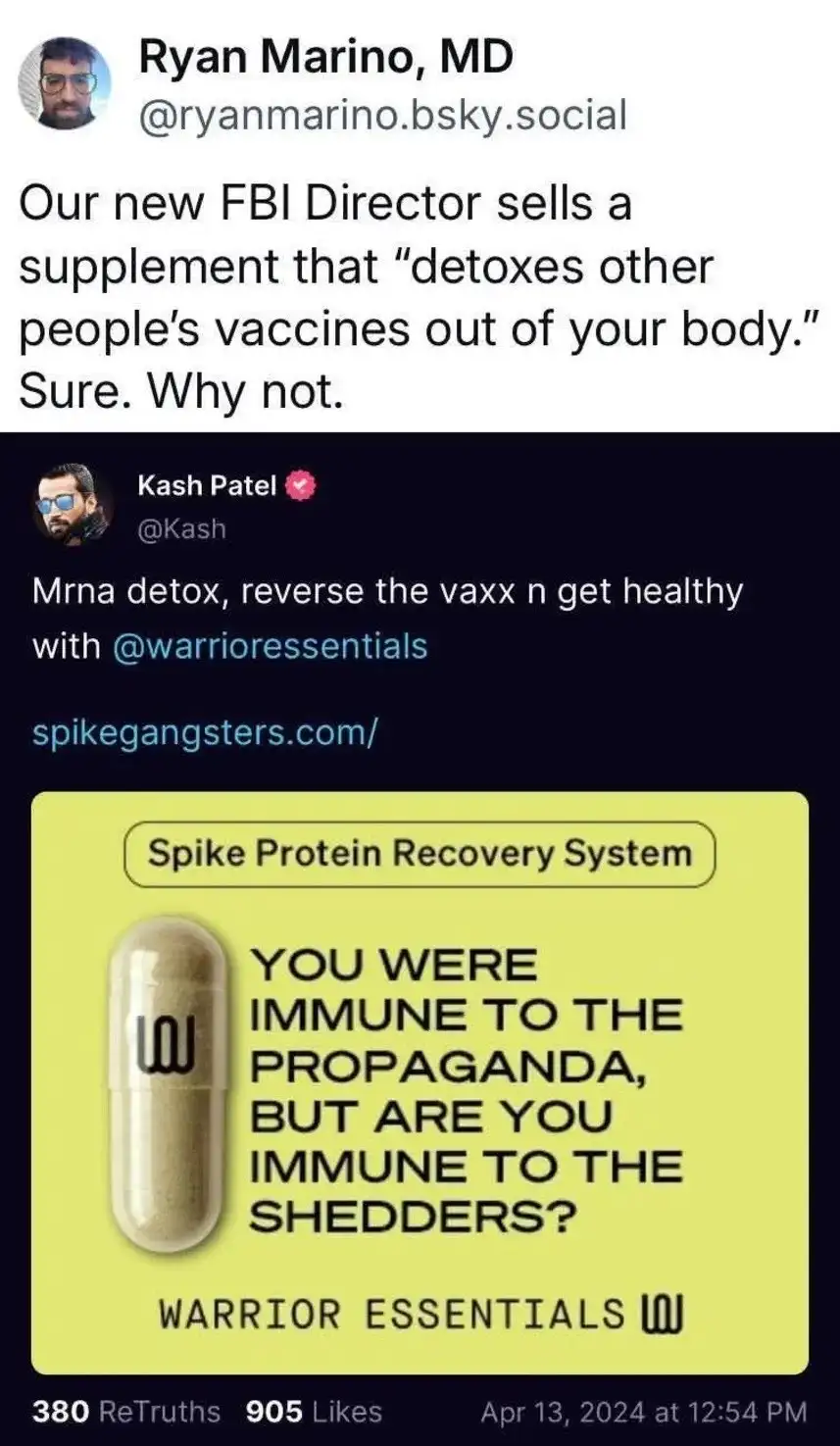 The image shows a screenshot of two social media posts. The top post by Ryan Marino, MD, sarcastically comments on a…